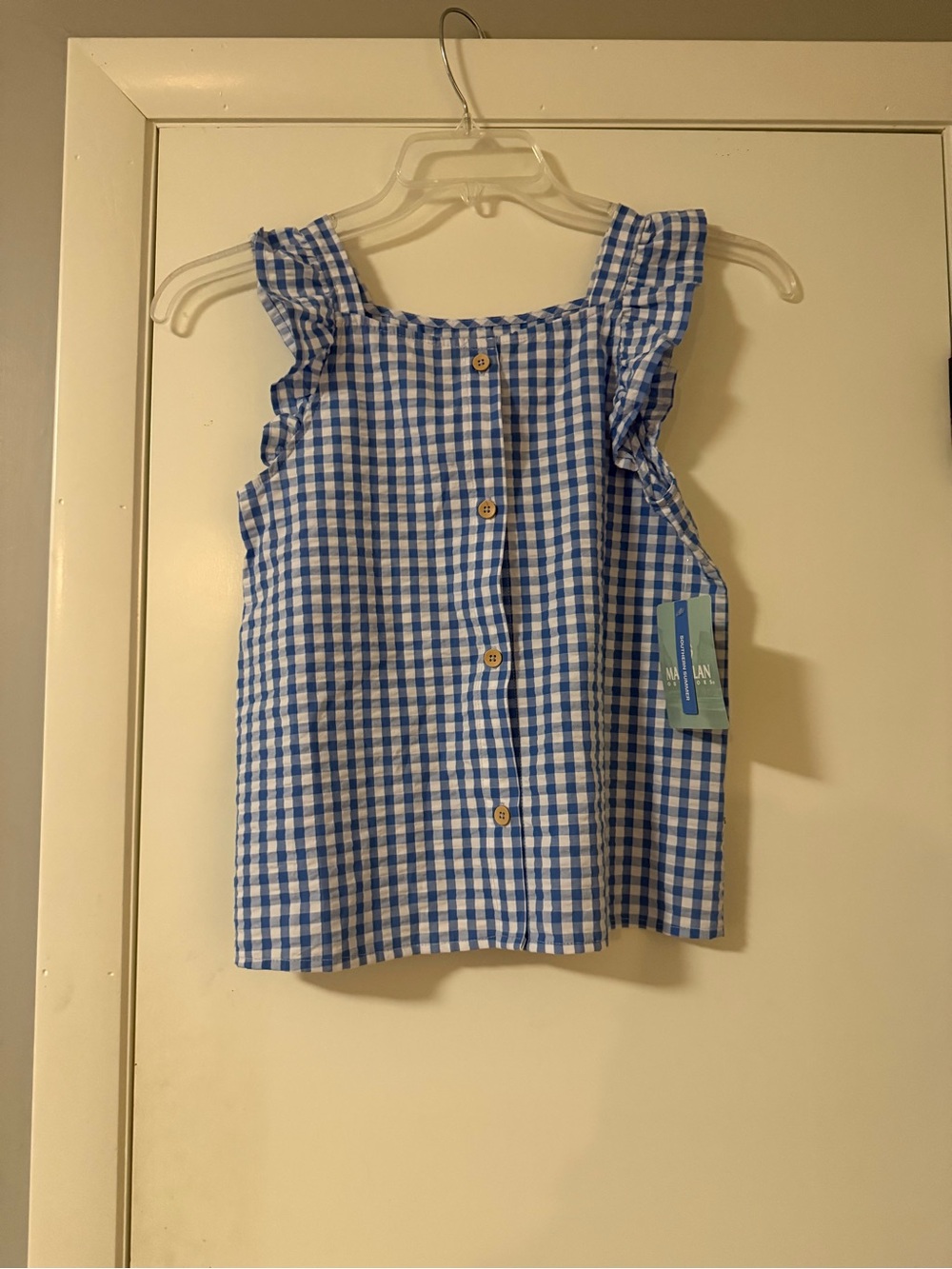 Magellan Outdoors Blue and White Gingham Ruffle Strap Tank Top